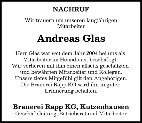 Traueranzeige von Andreas Glas von Augsburg-Land