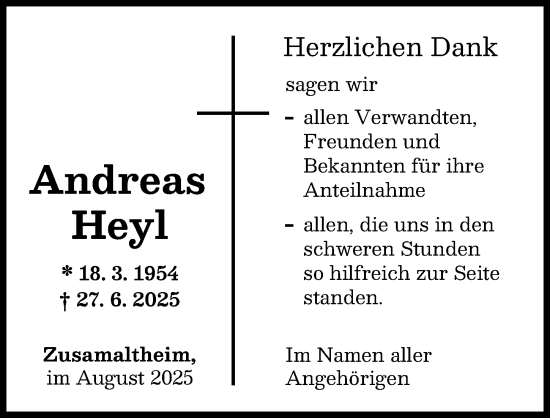 Traueranzeige von Andreas Heyl von Wertinger Zeitung