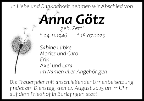 Traueranzeige von Anna Götz von Neu-Ulmer Zeitung, Augsburger Allgemeine