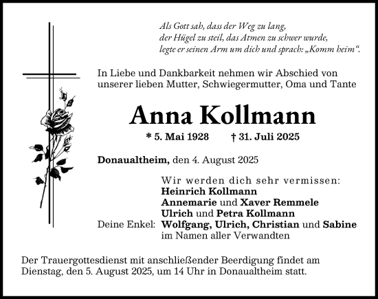 Traueranzeige von Anna Kollmann von Donau Zeitung