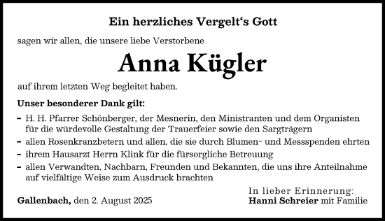 Traueranzeige von Anna Kügler von Aichacher Nachrichten