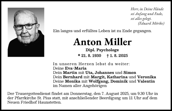 Traueranzeige von Anton Miller von Augsburger Allgemeine