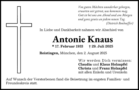 Traueranzeige von Antonie Knaus von Donau Zeitung