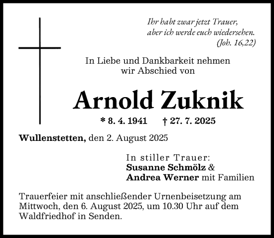 Traueranzeige von Arnold Zuknik von Neu-Ulmer Zeitung