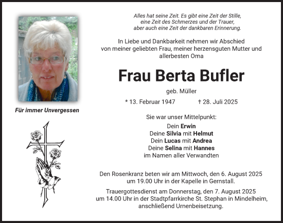 Traueranzeige von Berta Bufler von Mindelheimer Zeitung