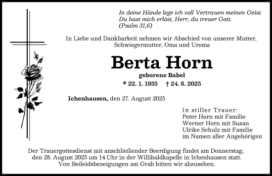 Traueranzeige von Berta Horn von Günzburger Zeitung