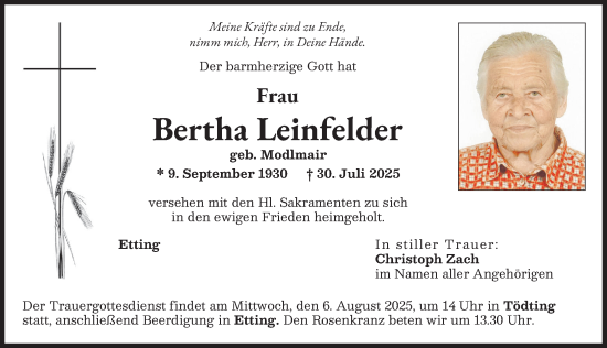 Traueranzeige von Bertha Leinfelder von Donauwörther Zeitung, Neuburger Rundschau