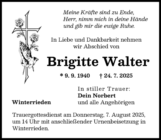 Traueranzeige von Brigitte Walter von Illertisser Zeitung