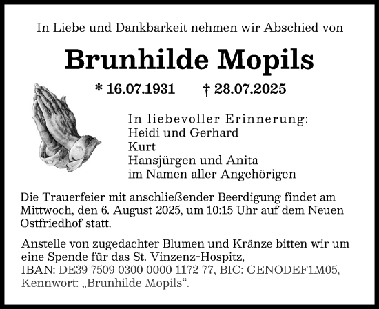 Traueranzeige von Brunhilde Mopils von Augsburger Allgemeine