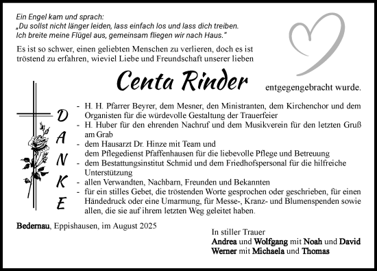 Traueranzeige von Centa Rinder von Mindelheimer Zeitung