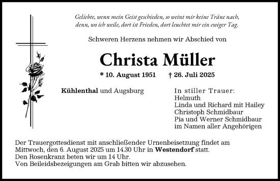 Traueranzeige von Christa Müller von Augsburger Allgemeine