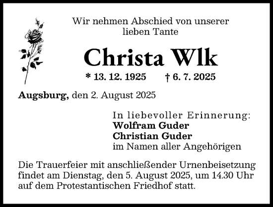 Traueranzeige von Christa Wlk von Augsburger Allgemeine