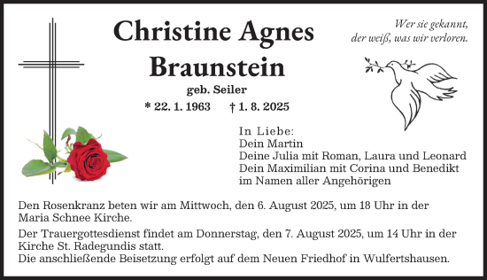 Traueranzeige von Christine Agnes Braunstein von Augsburger Allgemeine, Friedberger Allgemeine