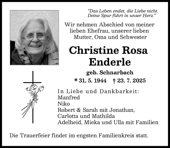 Traueranzeige von Christine Rosa Enderle von Neu-Ulmer Zeitung, Günzburger Zeitung