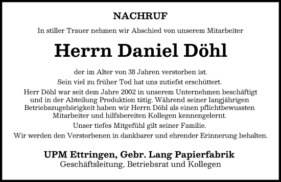 Traueranzeige von Daniel Döhl von Mindelheimer Zeitung