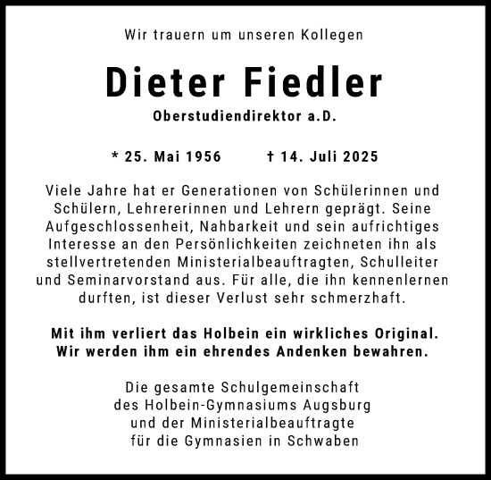 Traueranzeige von Dieter Fiedler von Augsburger Allgemeine