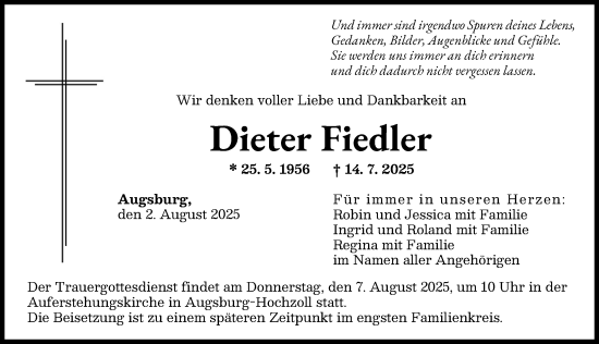 Traueranzeige von Dieter Fiedler von Augsburger Allgemeine