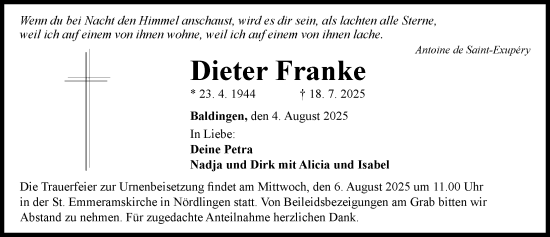 Traueranzeige von Dieter Franke von Rieser Nachrichten