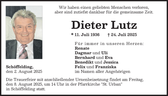 Traueranzeige von Dieter Lutz von Landsberger Tagblatt