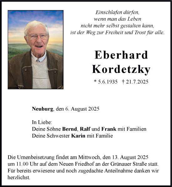 Traueranzeige von Eberhard Kordetzky von Neuburger Rundschau