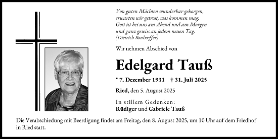 Traueranzeige von Edelgard Tauß von Friedberger Allgemeine