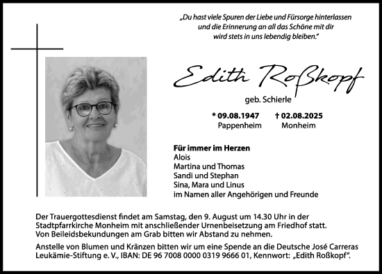 Traueranzeige von Edith Roßkopf von Donauwörther Zeitung