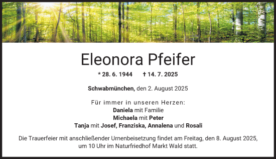 Traueranzeige von Eleonora Pfeifer von Schwabmünchner Allgemeine