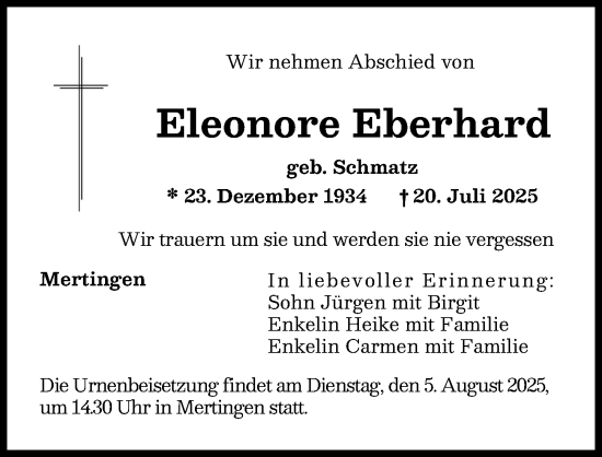 Traueranzeige von Eleonore Eberhard von Augsburger Allgemeine