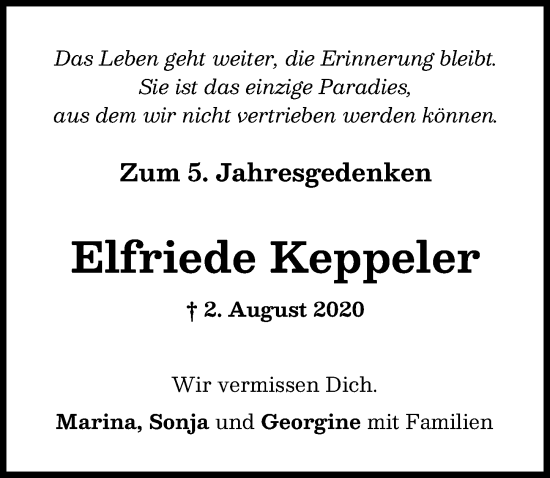 Traueranzeige von Elfriede Keppeler von Mindelheimer Zeitung