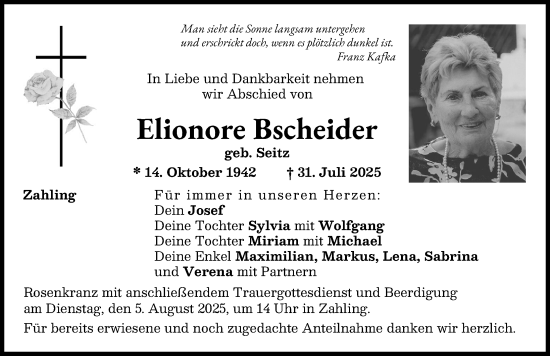 Traueranzeige von Elionore Bscheider von Aichacher Nachrichten