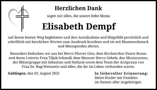 Traueranzeige von Elisabeth Dempf von Augsburg-Land