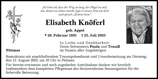 Traueranzeige von Elisabeth Knöferl von Aichacher Nachrichten