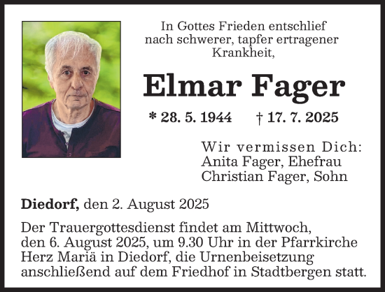 Traueranzeige von Elmar Fager von Augsburger Allgemeine