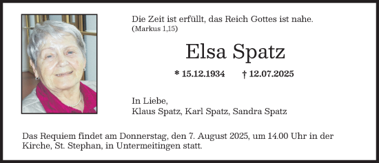 Traueranzeige von Elsa Spatz von Schwabmünchner Allgemeine