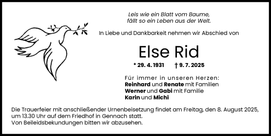 Traueranzeige von Else Rid von Schwabmünchner Allgemeine