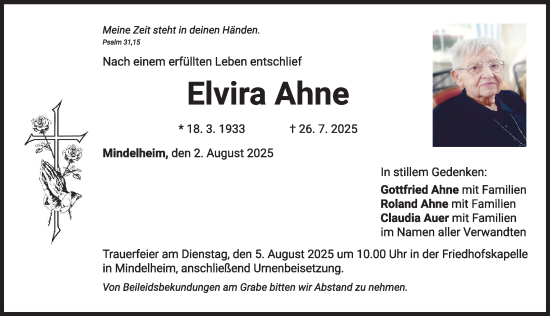 Traueranzeige von Elvira Ahne von Mindelheimer Zeitung