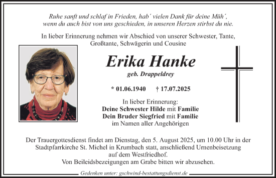 Traueranzeige von Erika Hanke von Mittelschwäbische Nachrichten