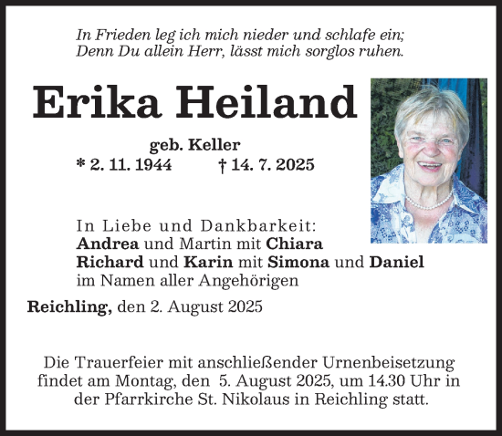 Traueranzeige von Erika Heiland von Landsberger Tagblatt