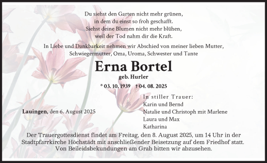 Traueranzeige von Erna Bortel von Donau Zeitung, Wertinger Zeitung