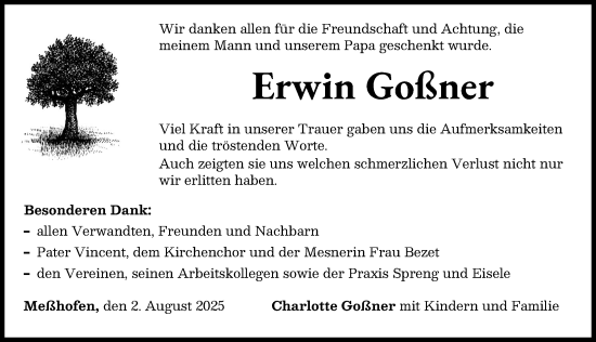 Traueranzeige von Erwin Goßner von Neu-Ulmer Zeitung