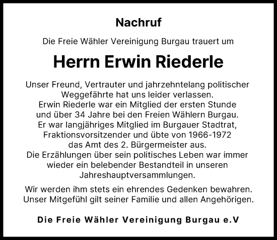 Traueranzeige von Erwin Riederle von Günzburger Zeitung