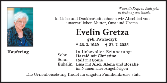 Traueranzeige von Evelin Gretza von Landsberger Tagblatt