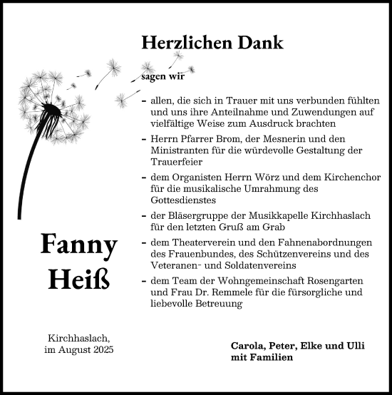Traueranzeige von Fanny Heiß von Illertisser Zeitung