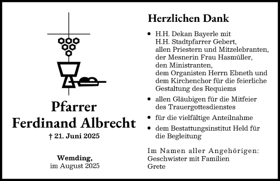 Traueranzeige von Ferdinand Albrecht von Donauwörther Zeitung