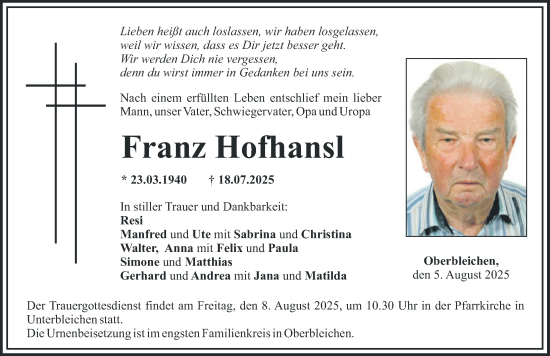 Traueranzeige von Franz Hofhansl von Mittelschwäbische Nachrichten