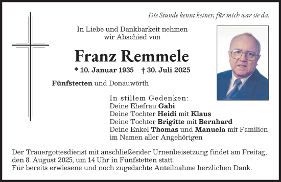 Traueranzeige von Franz Remmele von Donauwörther Zeitung