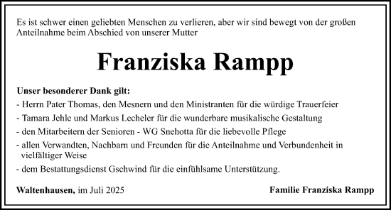 Traueranzeige von Franziska Rampp von Mittelschwäbische Nachrichten