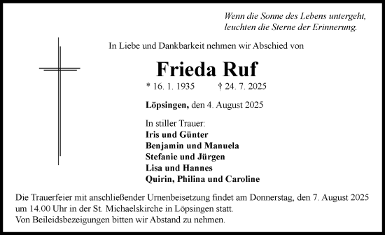 Traueranzeige von Frieda Ruf von Rieser Nachrichten