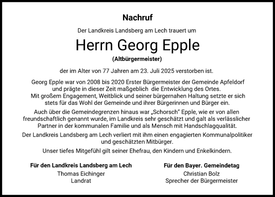 Traueranzeige von Georg Epple von Landsberger Tagblatt