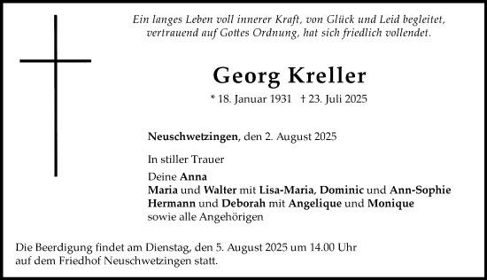 Traueranzeige von Georg Kreller von Neuburger Rundschau
